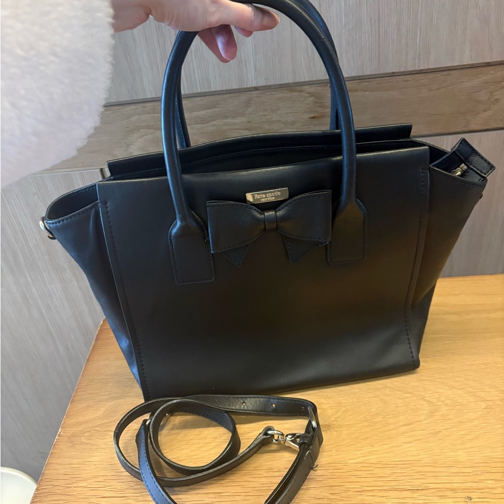 🎀🔥Kate Spade - Black Leather Bow Satchel Handbag with Detachable Strap